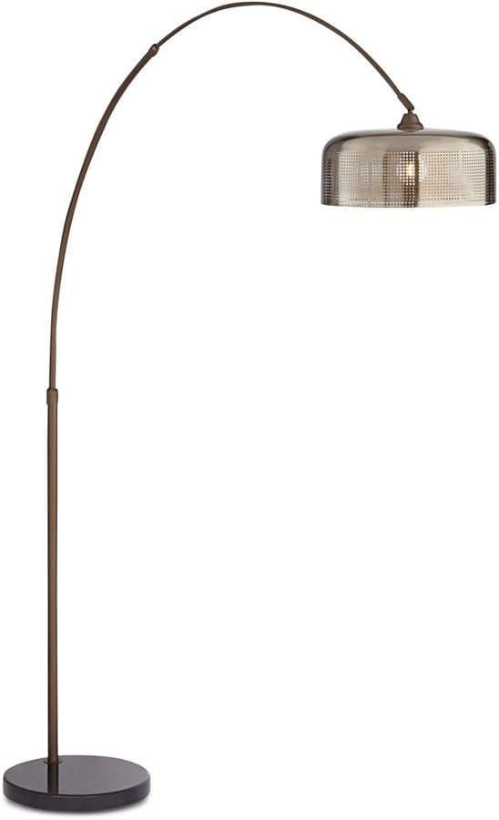An arched floor lamp featuring a slender, curved metal arm extending from a solid circular base, culminating in a perforated metal drum shade. The lamp has a dark, possibly bronze or antique brass finish. — 3D model