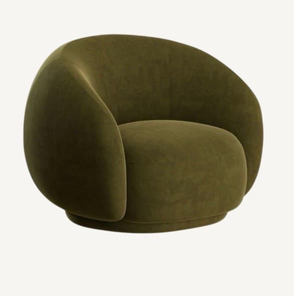 A modern, low-profile lounge chair upholstered in olive green velvet-like fabric. It features a rounded, organic shape with a continuous backrest and integrated armrests, and rests on a matching upholstered plinth base. — 3D model