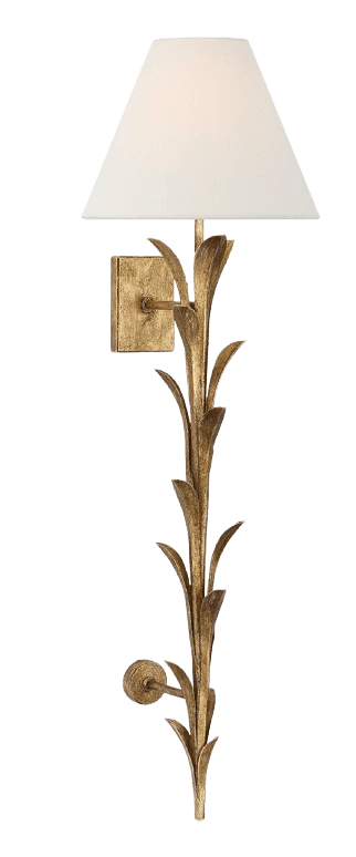 A vintage-style wall sconce featuring a gold-finished metal stem designed to resemble a plant stalk with leaves. It is topped with a white conical lampshade. — 3D model