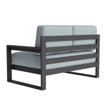 A modern two-seater sofa with a left-side armrest. The sofa features a sturdy, dark-colored frame and light blue upholstered cushions for both the seat and the back. — 3D model