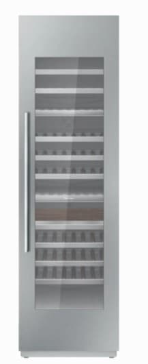 A tall, slender, built-in wine refrigerator featuring a stainless steel exterior frame and a full-height glass door. The interior is equipped with multiple horizontal racks, likely made of metal or wood, designed to store wine bottles. A long, vertical stainless steel handle is affixed to the left side of the door. The appliance appears modern and sleek, designed for integration into cabinetry. — 3D model