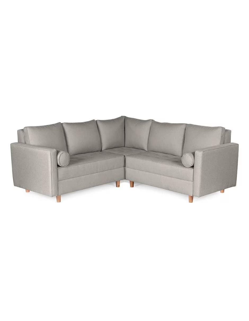 A light gray, fabric upholstered sectional sofa with wooden legs. The sofa features a modern design with clean lines, including a corner configuration. It includes multiple back cushions and two cylindrical bolster pillows on the outer arms. The upholstery appears to be a textured woven fabric. — 3D model