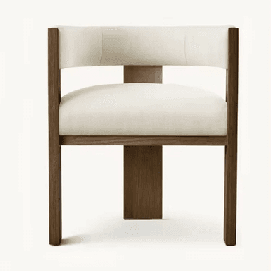 A modern armchair featuring a robust wooden frame with angular lines for the legs and integrated arms, complemented by a distinctive curved backrest. The seat and an interior section of the back are upholstered in a light, neutral fabric. — 3D model