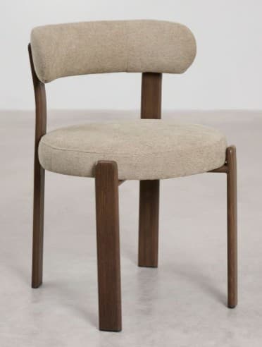 A modern upholstered chair with a wooden frame. The chair features a curved backrest and a round seat, both upholstered in a textured beige fabric. The frame, composed of four legs and supporting structures for the seat and backrest, is made of dark wood with a visible grain. — 3D model