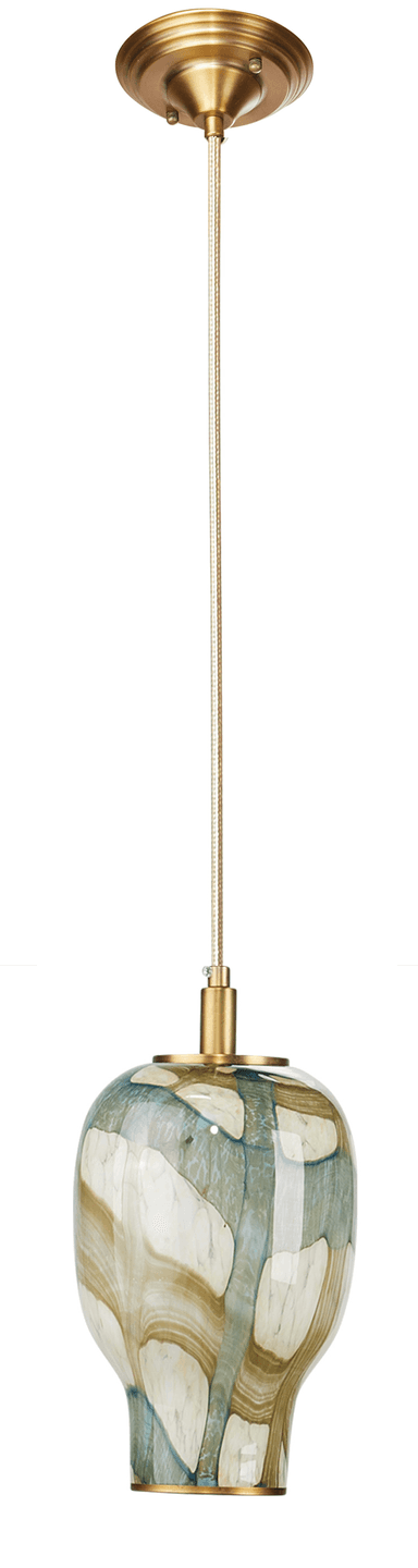 A single bell-shaped pendant light featuring a mottled art glass shade in shades of green, brown, and white, suspended by a brass cord and canopy. The light has a transitional design with contemporary art glass elements. — 3D model
