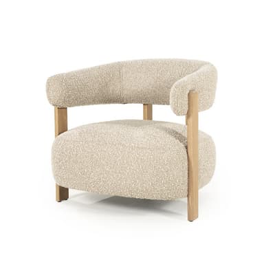 A modern armchair with a textured boucle upholstery and a wooden frame. The chair features a rounded seat and backrest, supported by four visible wooden legs and structural elements. The arms are integrated into the backrest structure. — 3D model