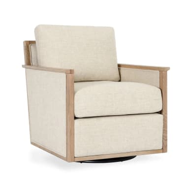 A modern accent chair with a wooden frame and upholstered seat and back cushions. The chair features a square silhouette with integrated armrests and a swivel base. The upholstery is a textured, light-colored fabric. The visible wood grain suggests a natural finish. — 3D model