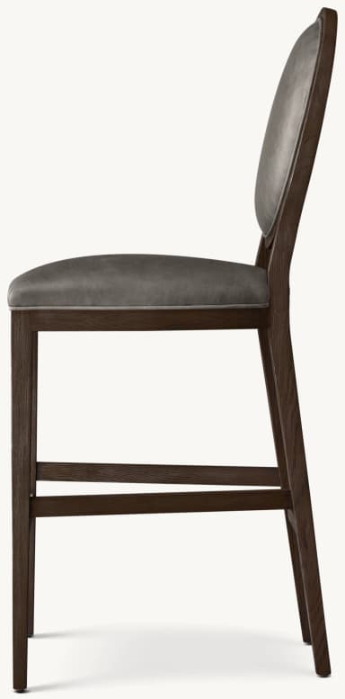 An upholstered bar stool with a dark wood frame and grey faux leather upholstery, featuring a distinctive oval-shaped backrest. — 3D model