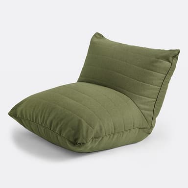 A low-profile, floor-sitting armchair upholstered in a textured olive green fabric. The chair features a segmented design with horizontal stitching across both the seat and backrest, creating a cushioned effect. Its form suggests a relaxed, informal seating option. — 3D model