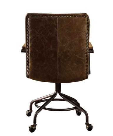 A distressed brown leather desk chair with a tufted back and seat. It features metal armrests with wooden accents and a five-star base with casters, suggesting mobility and adjustability. — 3D model