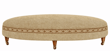 An oval-shaped, upholstered ottoman featuring a light beige fabric, a decorative geometric trim band, and traditional turned wooden legs with brass casters. — 3D model