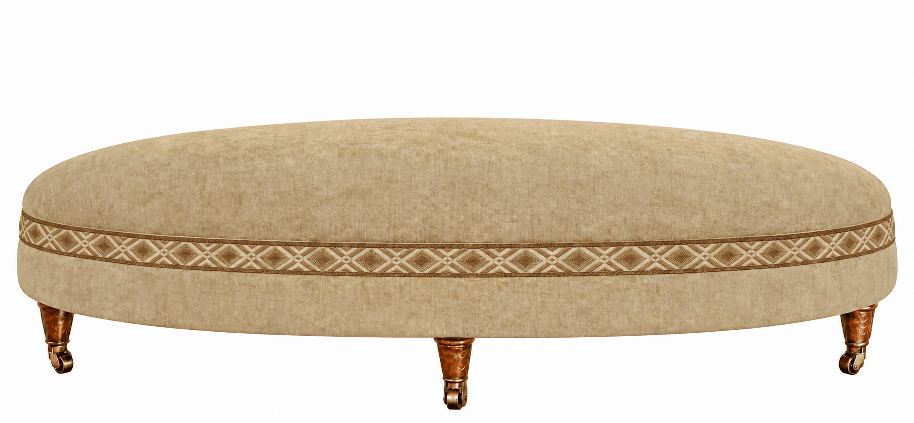An oval-shaped, upholstered ottoman featuring a light beige fabric, a decorative geometric trim band, and traditional turned wooden legs with brass casters. — 3D model