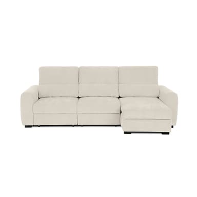 A contemporary three-seater sofa upholstered in an off-white or cream textured fabric, shown from a rear-side perspective. The sofa features a low-profile design with three individual loose back cushions. The visible side shows a subtly rounded, integrated track arm, and the base is supported by discrete black block feet. The upholstery appears clean and in excellent condition, indicating a new or well-maintained item. — 3D model