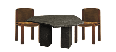 A low-profile coffee table featuring an irregularly shaped polygon top and two solid rectangular block bases, all crafted from a dark, textured stone material. — 3D model