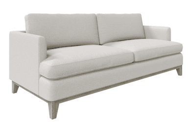 A contemporary two-seater sofa with a light-colored, textured fabric upholstery and a visible wooden base and legs. The sofa features a clean, rectangular design with integrated armrests and two plush back cushions. — 3D model