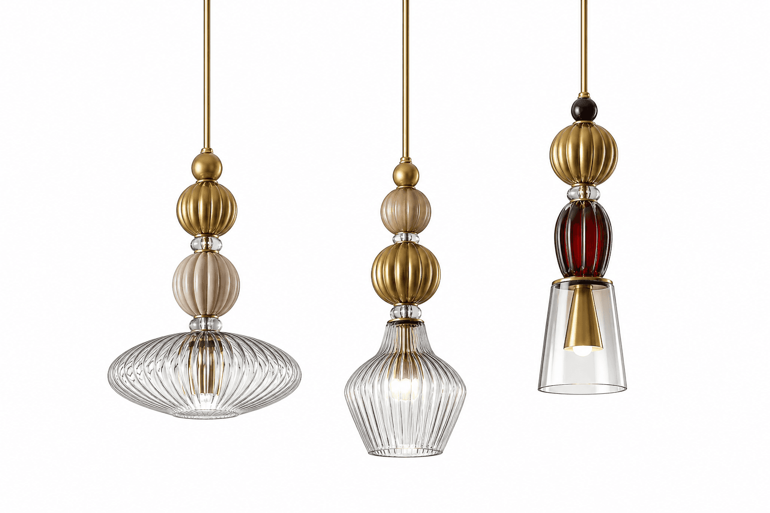 A set of three decorative pendant lights, each featuring a vertical arrangement of globular and ribbed elements made from metal and glass, suspended by a thin rod. The designs vary, incorporating different shapes and colors in their beaded sections and glass diffusers, with visible light bulbs at the center of each. — 3D model