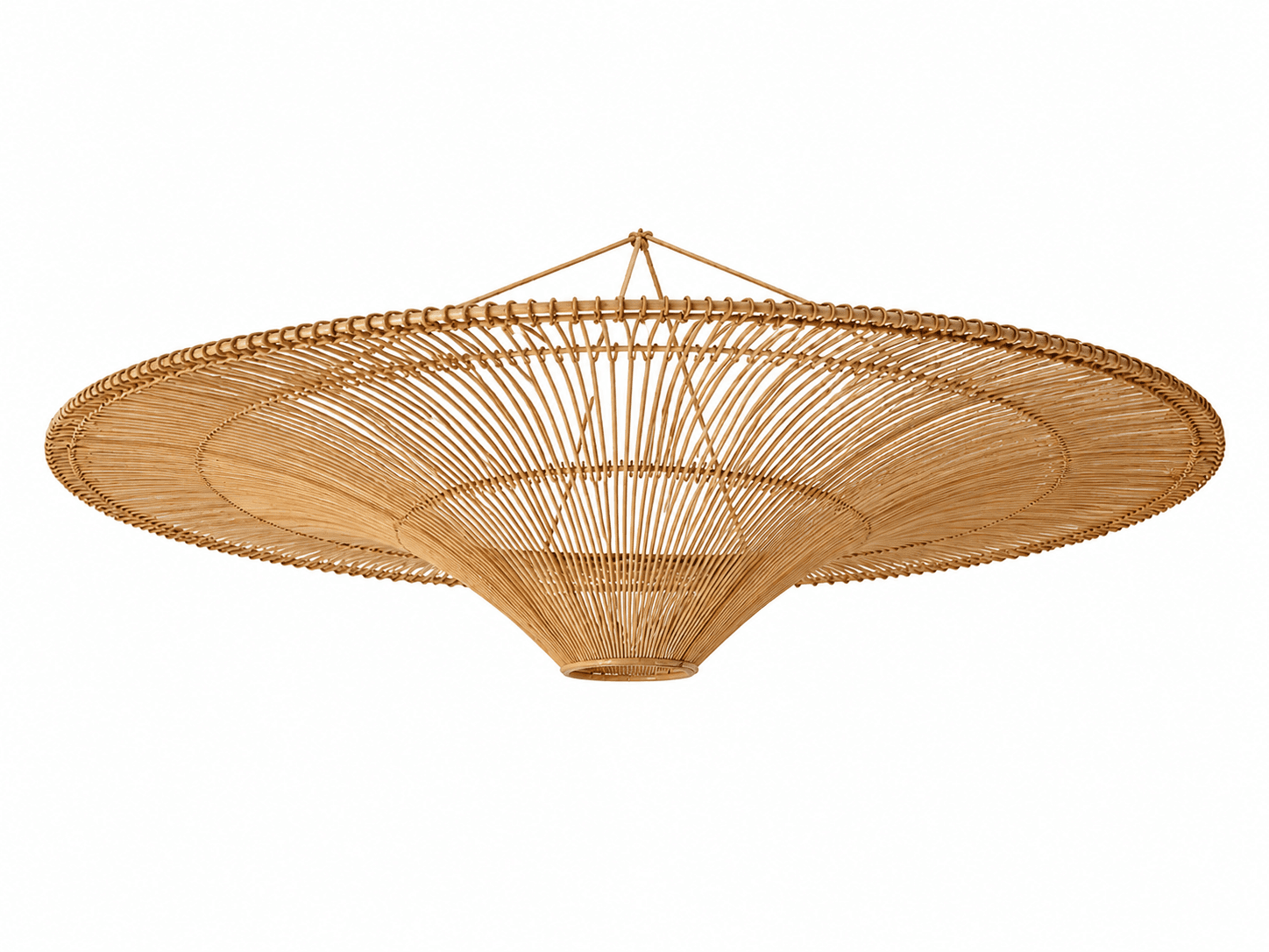 A natural woven rattan pendant light featuring a wide, flat brim that tapers down into a conical, open-weave shade. The light fixture is designed for ceiling suspension. — 3D model