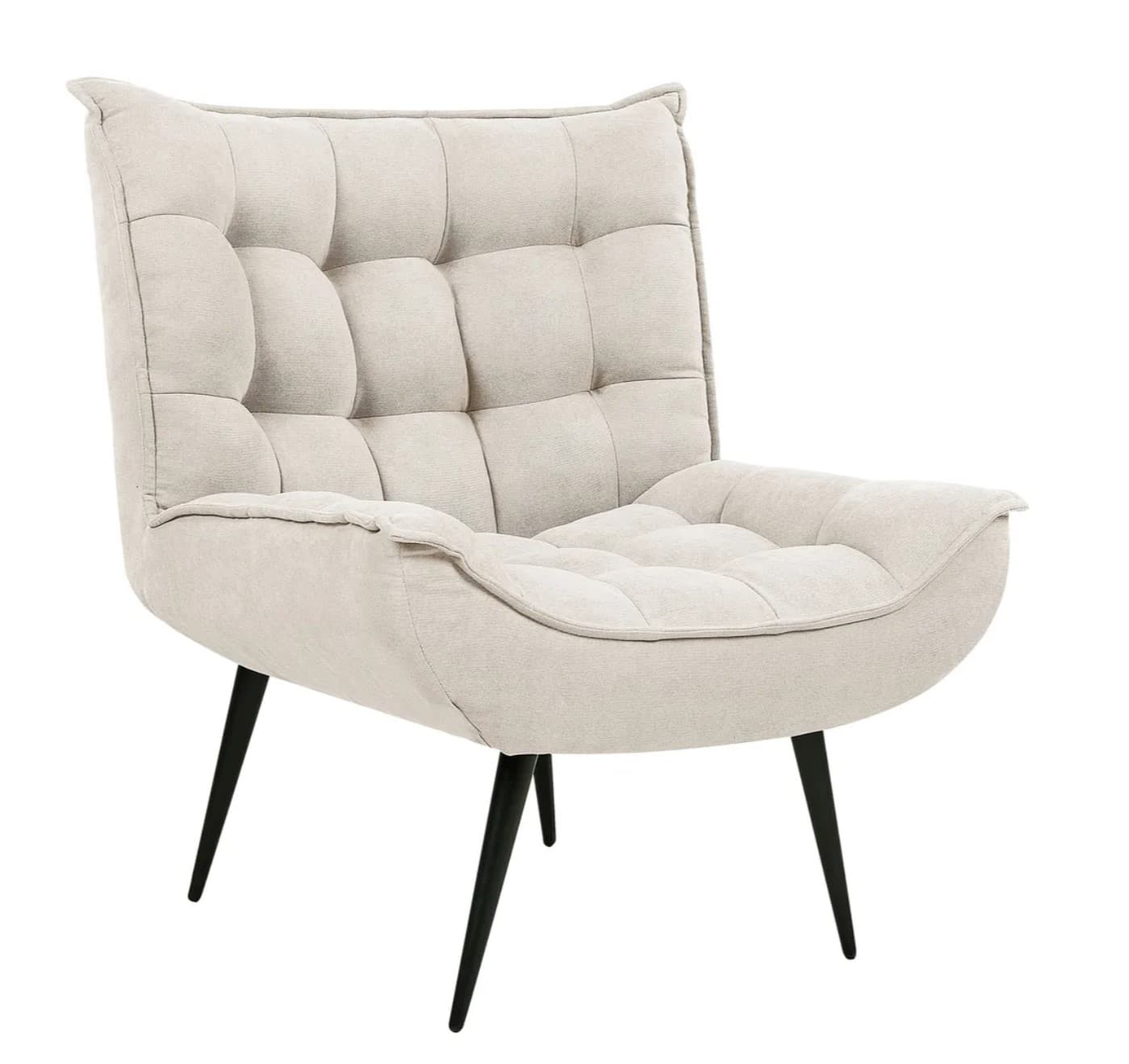 A contemporary tufted lounge chair featuring a low-profile design and tapered black metal legs, upholstered in a light beige fabric. — 3D model