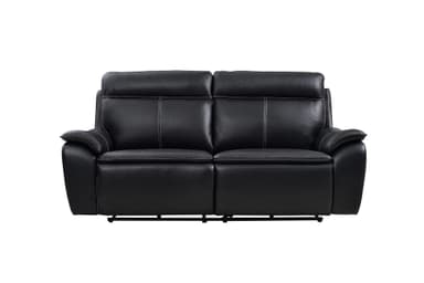 A two-seater reclining loveseat upholstered in black faux leather with visible white contrast stitching. It features padded armrests, backrests, and seat cushions. A control button for the reclining mechanism is visible on the right armrest. — 3D model