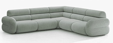 An L-shaped modern modular sectional sofa upholstered in a light green, textured fabric, featuring soft, rounded forms and distinctive horizontal channel tufting across the backrests and seat cushions. — 3D model
