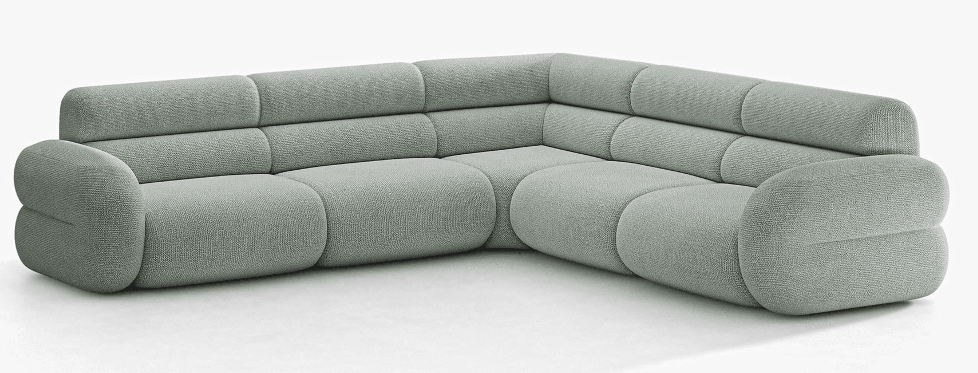 An L-shaped modern modular sectional sofa upholstered in a light green, textured fabric, featuring soft, rounded forms and distinctive horizontal channel tufting across the backrests and seat cushions. — 3D model