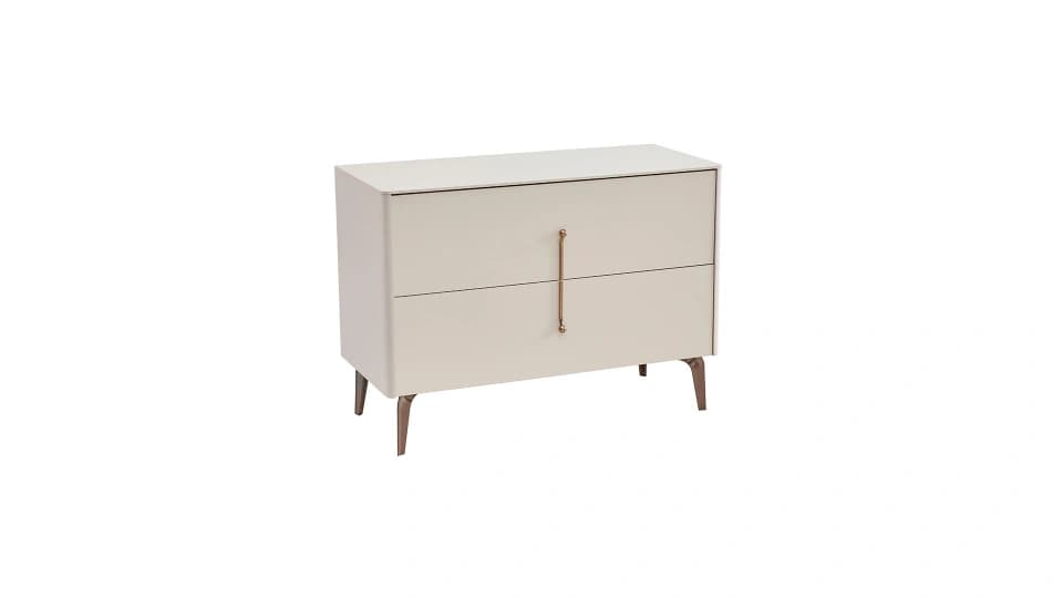 A light beige, two-drawer nightstand featuring a minimalist design with a single vertical rose gold-toned pull handle and splayed, tapered dark wood legs. — 3D model