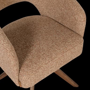 A modern accent chair with a curved backrest and a fixed seat. The chair features a swivel base with four splayed wooden legs. The upholstery has a textured weave with flecks of orange and brown. — 3D model