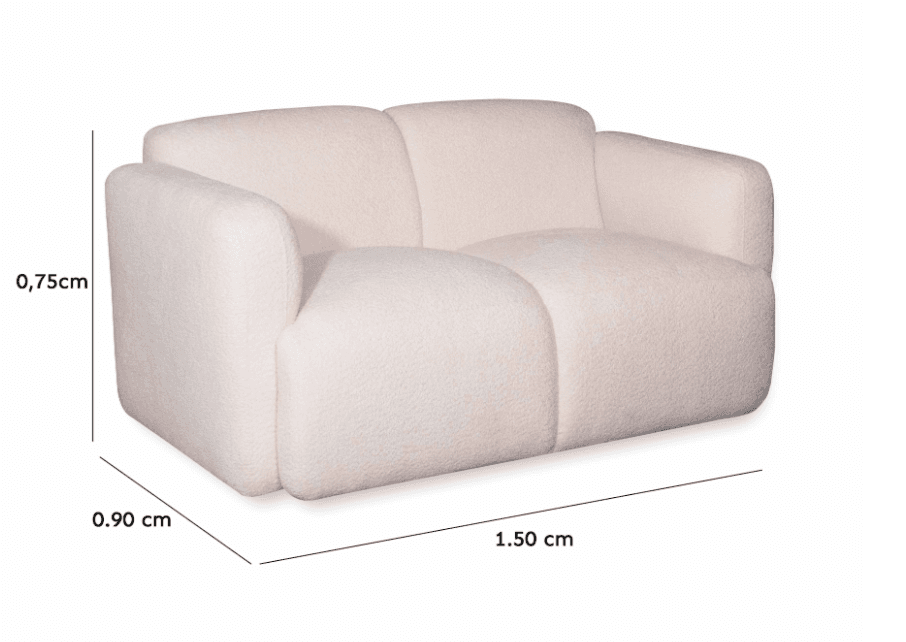 A contemporary two-seater loveseat upholstered in a soft, textured bouclé fabric. It features rounded edges and a plush, inviting appearance, ideal for modern living spaces. — 3D model