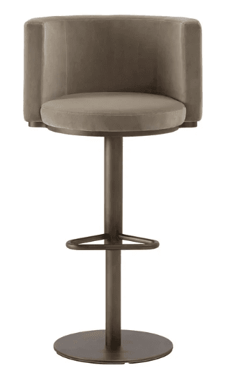 A modern bar stool featuring a rounded, barrel-style seat and partial backrest, fully upholstered in a smooth, taupe velvet fabric. It is supported by a single central pedestal base made of dark, possibly bronze-finished metal, which includes a circular footrest and a flat, disc-shaped base for stability. The seat has a swivel function. — 3D model