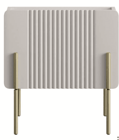 A contemporary nightstand featuring an off-white main body with a vertically fluted front panel and supported by slender, golden metallic legs. — 3D model