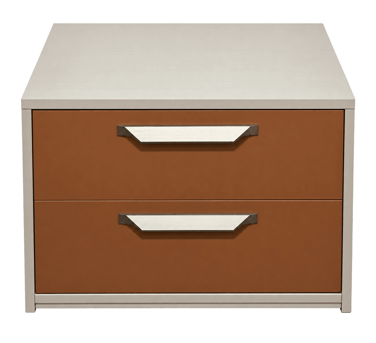 A modern two-drawer nightstand featuring a light-colored top surface and frame, paired with rich brown drawer fronts. Each drawer is equipped with a sleek, integrated metallic handle. The design emphasizes clean lines and a contemporary aesthetic, with contrasting textures between the smooth frame and the textured drawer faces. — 3D model