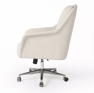 A light-colored fabric office chair with armrests and a five-star base with casters. The chair features a high back with a slightly curved top and integrated armrests that flow into the backrest. The upholstery appears to be a textured, woven fabric. The base is made of polished metal and includes a central pneumatic lift mechanism. — 3D model