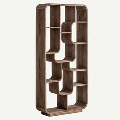 A tall, modern bookshelf constructed from wood, featuring a distinctive organic design with smooth, curvilinear forms and an asymmetrical shelving arrangement. It showcases multiple irregularly shaped compartments and a dark brown wood grain finish. — 3D model