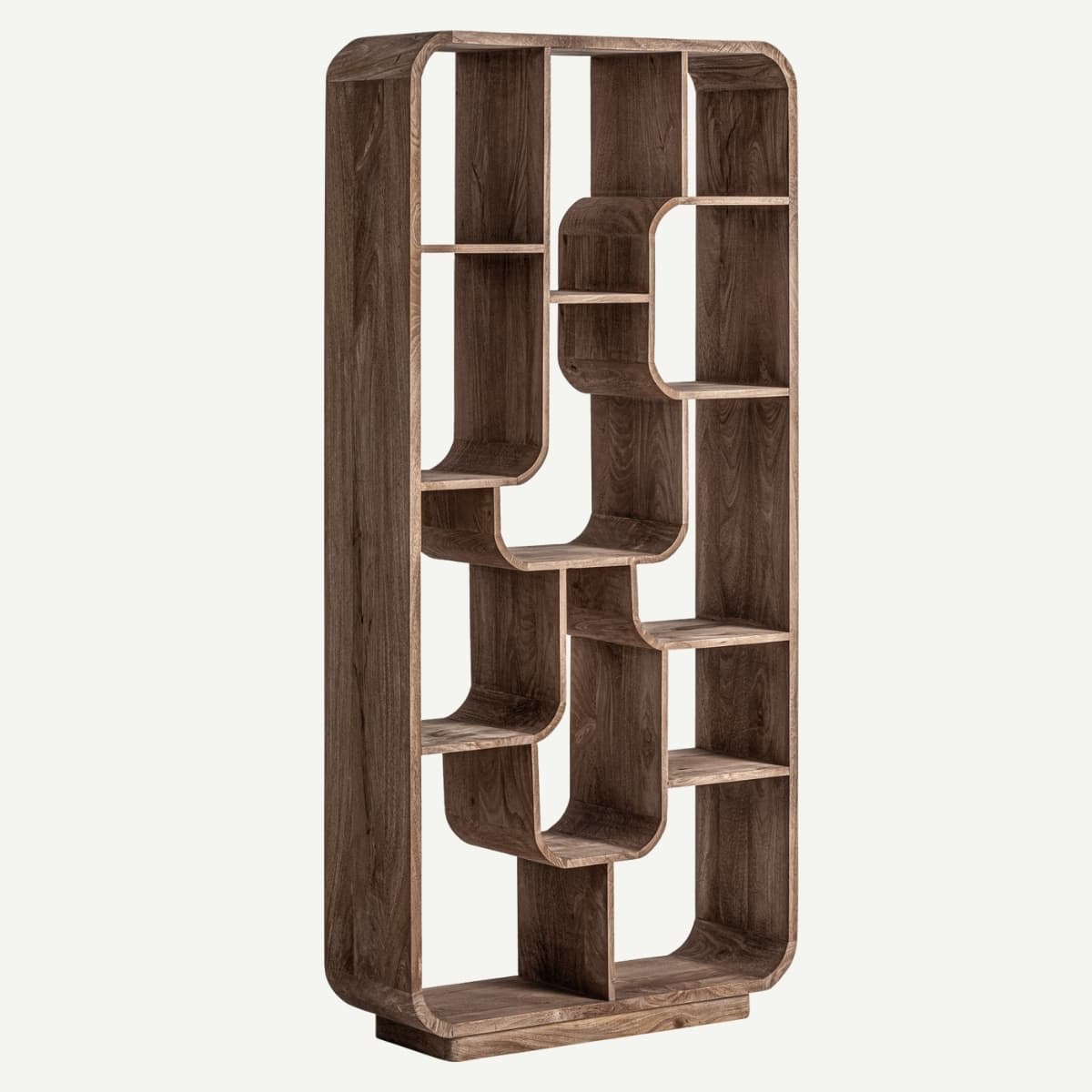 A tall, modern bookshelf constructed from wood, featuring a distinctive organic design with smooth, curvilinear forms and an asymmetrical shelving arrangement. It showcases multiple irregularly shaped compartments and a dark brown wood grain finish. — 3D model