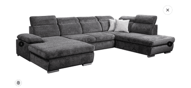 A contemporary U-shaped sectional sofa upholstered in a dark grey woven fabric. It features multiple modular sections, including two chaise extensions on opposite ends, and multiple seat cushions. The backrests are equipped with adjustable headrests, providing customizable support. The sofa is supported by low-profile, chrome-finish feet. — 3D model