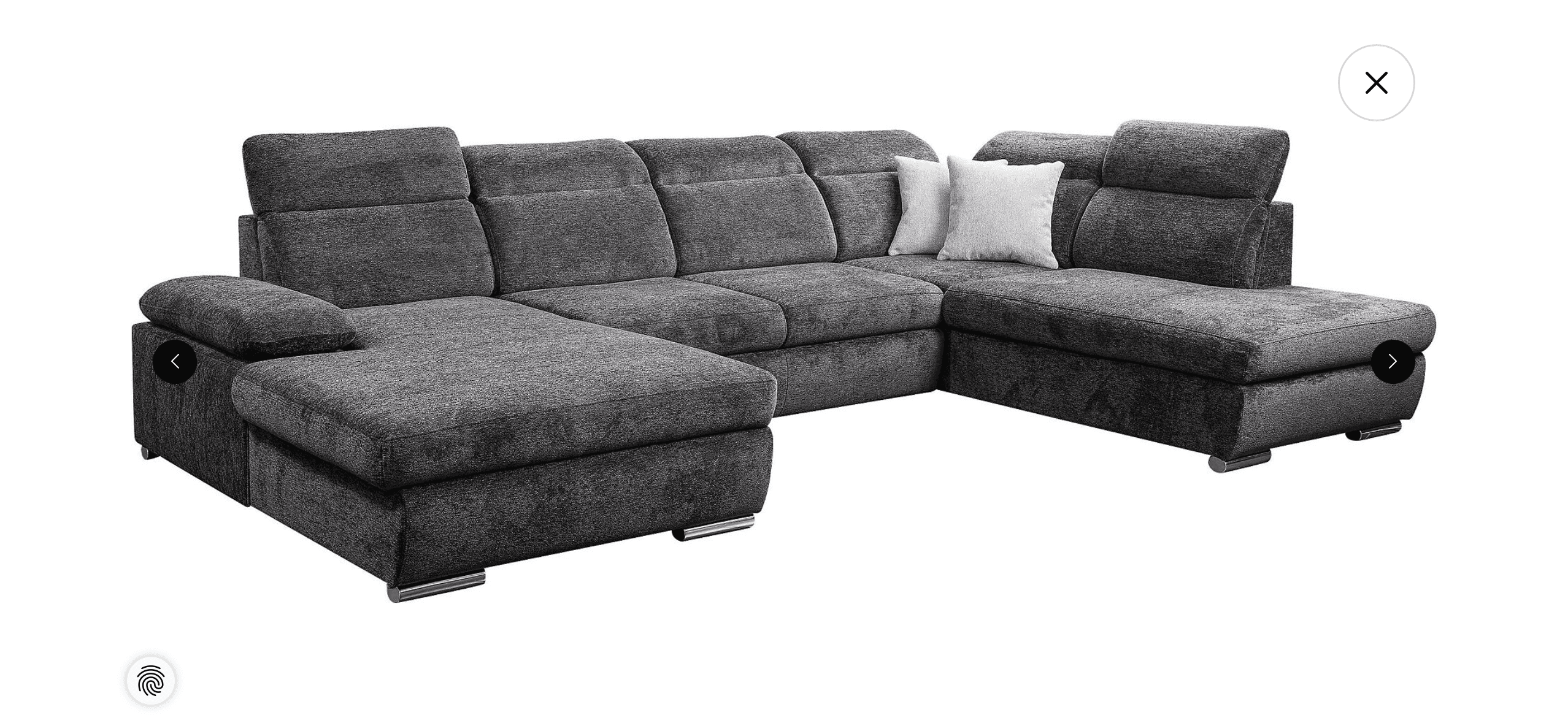 A contemporary U-shaped sectional sofa upholstered in a dark grey woven fabric. It features multiple modular sections, including two chaise extensions on opposite ends, and multiple seat cushions. The backrests are equipped with adjustable headrests, providing customizable support. The sofa is supported by low-profile, chrome-finish feet. — 3D model