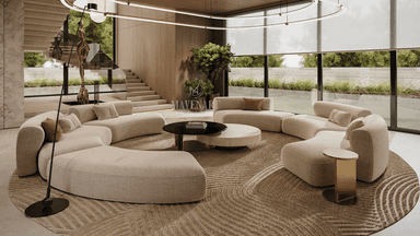 A large, contemporary modular sofa system composed of several curved seating units, upholstered in light beige fabric, designed for flexible arrangement in a lounge setting. — 3D model