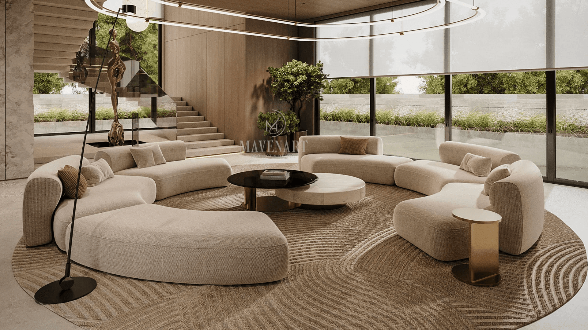 A large, contemporary modular sofa system composed of several curved seating units, upholstered in light beige fabric, designed for flexible arrangement in a lounge setting. — 3D model