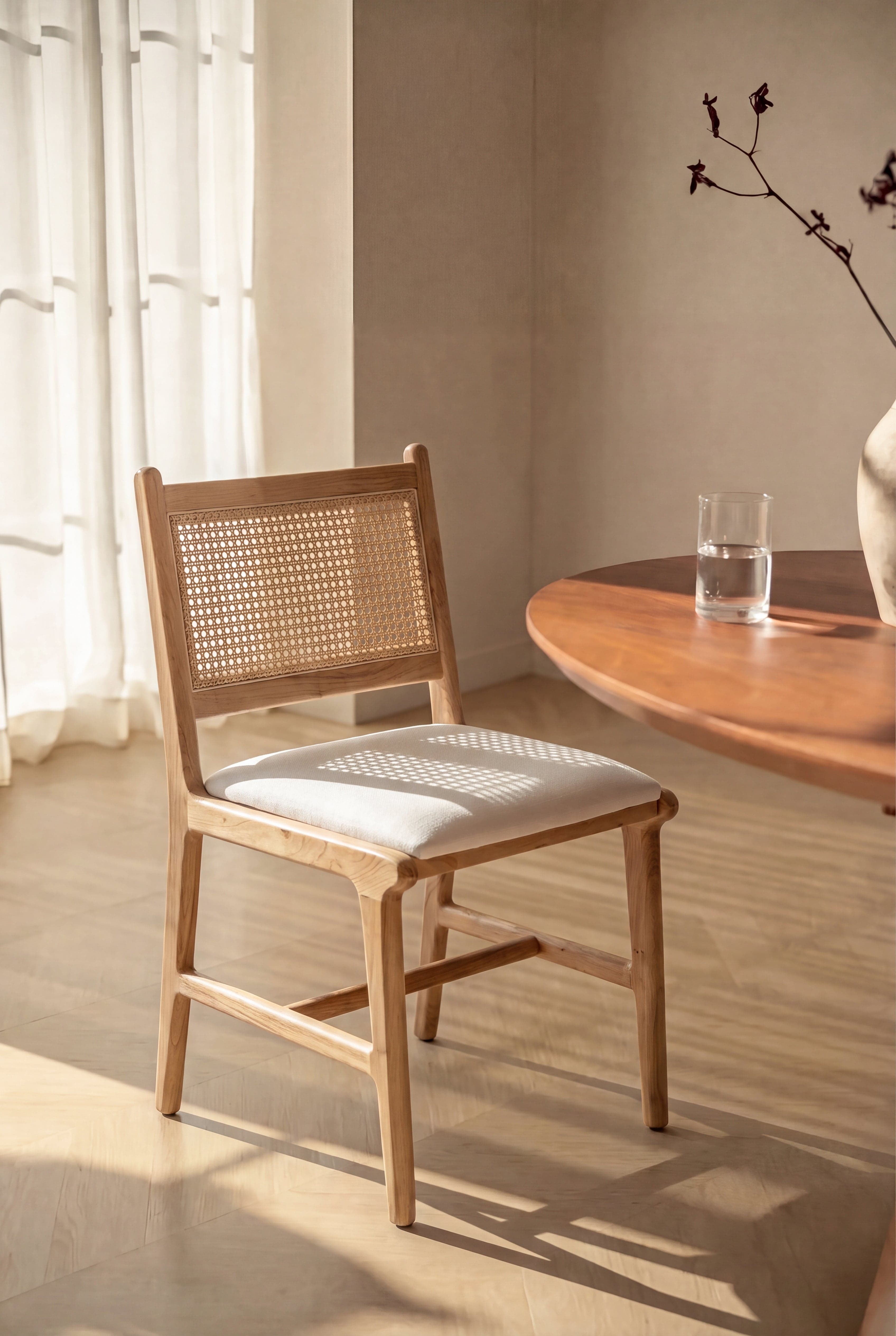 A light-toned solid wood dining chair featuring a woven cane backrest and a thick, cream-colored upholstered seat cushion. The chair has a minimalist design with straight, slightly tapered legs and horizontal stretchers for stability. The overall aesthetic is natural and contemporary. — 3D model
