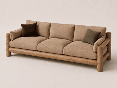 A three-seater sofa featuring a distinctive rustic design with a visible frame constructed from rounded wooden logs. The sofa includes three seat cushions and three back cushions, all upholstered in a light beige, textured fabric. Small accent pillows in dark brown and olive green are also present. The wooden elements are exposed, forming the arms, legs, and back support structure. — 3D model