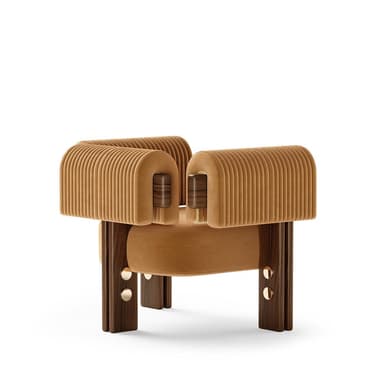 A contemporary armchair featuring a robust, dark-stained wooden frame with a unique geometric design. The seat cushion is upholstered in plush mustard-yellow velvet, and the backrest is a distinctive fluted velvet cylinder. U-shaped upholstered armrests are mounted on the wooden frame, and the vertical wooden legs are accented with brass circular inlays. — 3D model