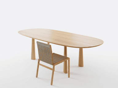A minimalist dining table with a light wood oval top supported by four thick, rounded wooden legs. The design is clean and contemporary, showcasing the natural grain of the wood. — 3D model