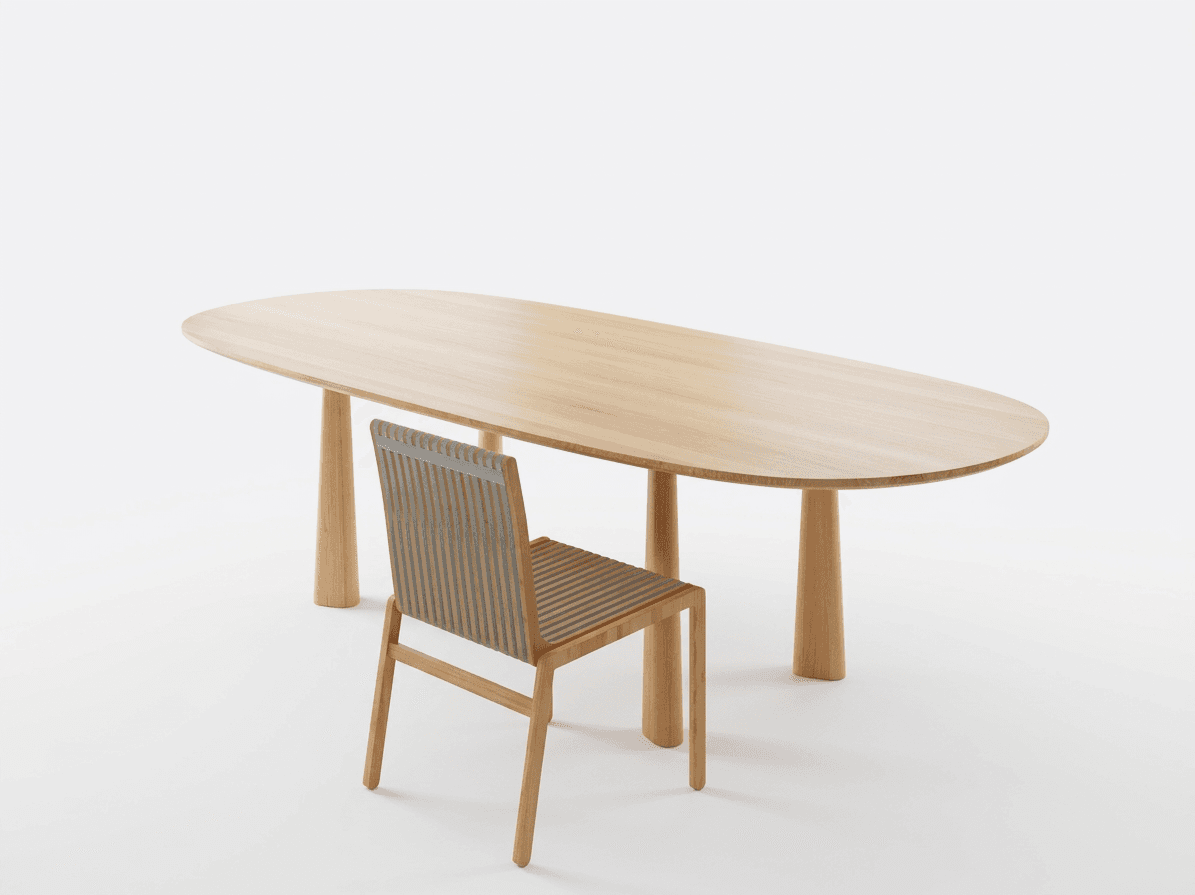 A minimalist dining table with a light wood oval top supported by four thick, rounded wooden legs. The design is clean and contemporary, showcasing the natural grain of the wood. — 3D model