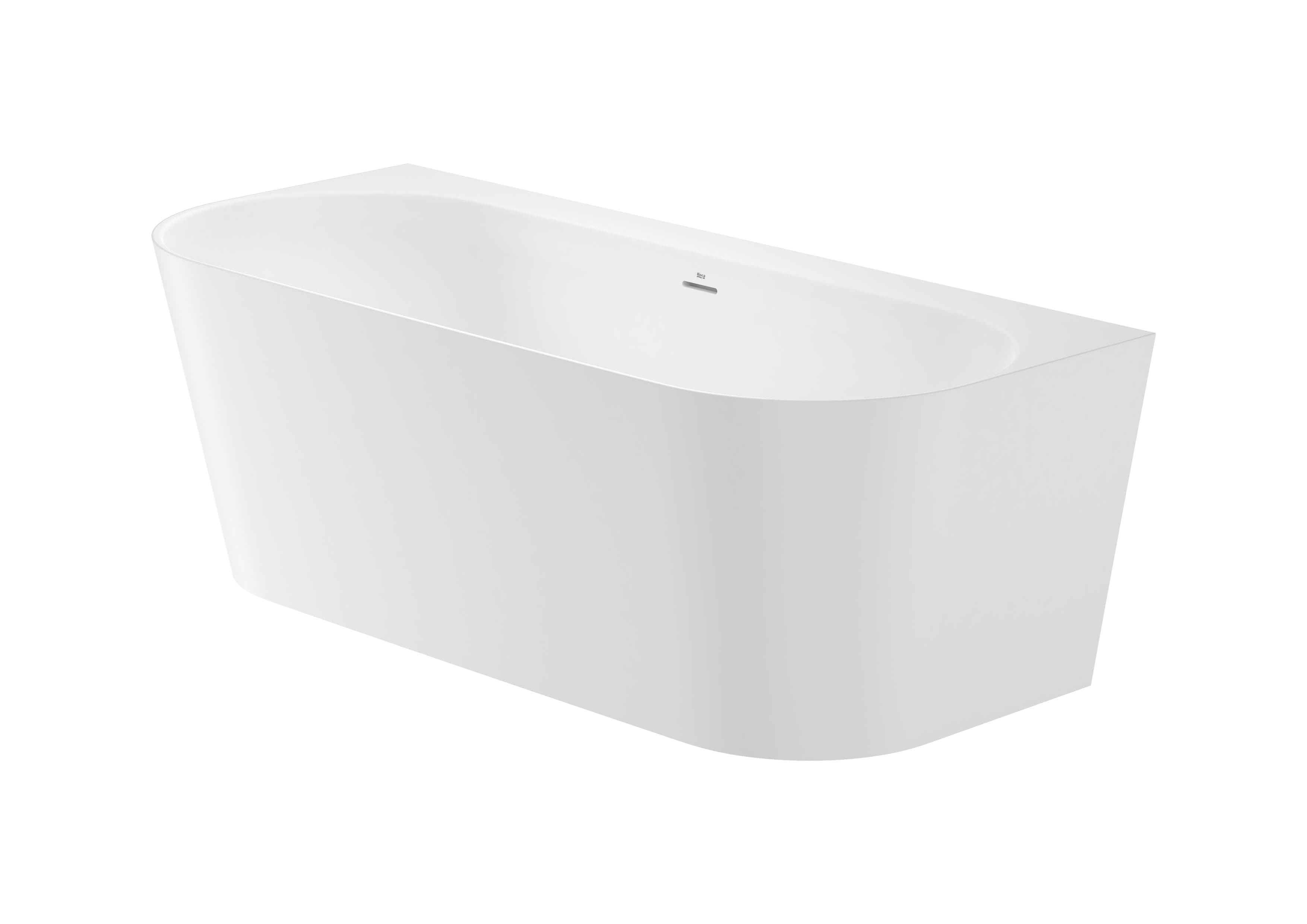 A contemporary, freestanding bathtub with a matte white finish. The tub features a curved, ergonomic interior and a solid, angular exterior. It has a minimalist design with no visible plumbing fixtures on the exterior, suggesting a hidden drain and overflow system. — 3D model