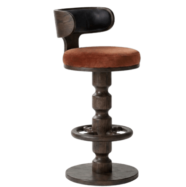 A dark wood bar stool with a circular, upholstered seat and a curved backrest. The base of the stool features a ring-shaped footrest and decorative turned wood elements. The seat is upholstered in a rust-colored velvet-like fabric, and the backrest has a black upholstered section. — 3D model
