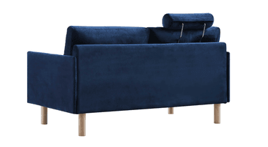 A modern two-seater loveseat featuring navy blue velvet upholstery and an exposed light-toned wooden frame. The loveseat includes two back cushions, two seat cushions, two cylindrical bolster pillows integrated into the arms, and a single removable, adjustable headrest cushion. The frame consists of horizontal wooden rails supporting the upholstered body and four round, tapered wooden legs. — 3D model