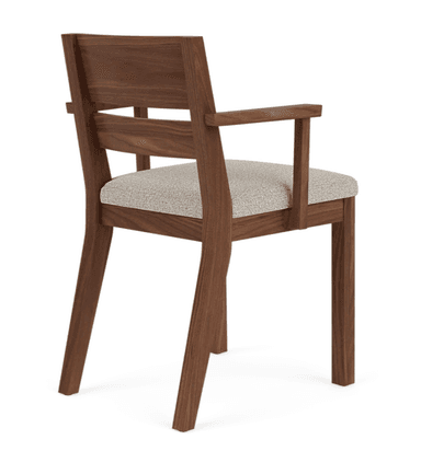 A modern armchair constructed from dark brown wood, featuring a light grey upholstered seat. The chair has a minimalist design with straight front legs and gently curved back legs. The backrest is composed of a solid top rail and a lower horizontal slat, complementing the straight armrests. — 3D model