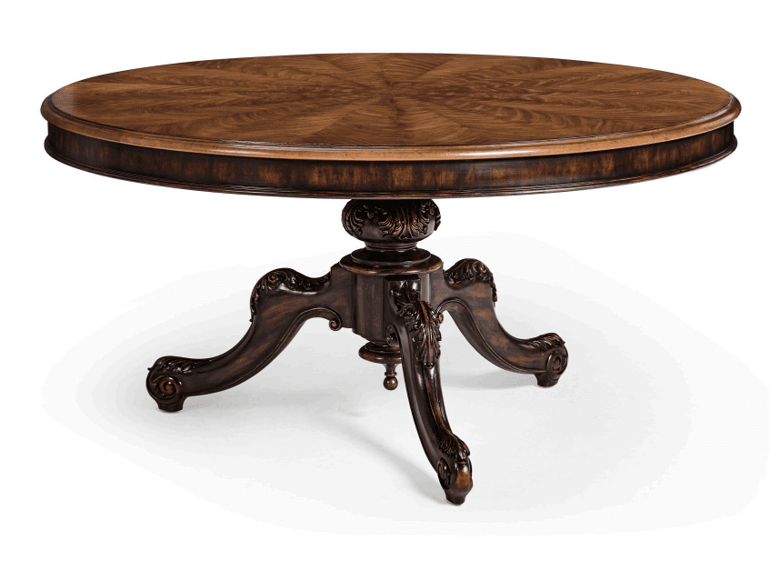 A round dining table with a pedestal base. The tabletop features a starburst pattern created by wood inlay, with a darker, beveled edge. The pedestal base is ornately carved with scrollwork and terminates in four cabriole legs, each with carved detailing and ending in a claw foot. The overall aesthetic suggests a classic or traditional style. — 3D model