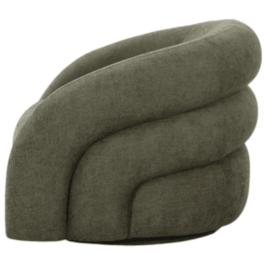 A modern armchair with a distinctive sculptural design. It features a rounded, barrel-shaped seat and a backrest that curves upwards and outwards, seamlessly integrating with the armrests. The armrests are unusually thick and have a bulbous, rounded form, giving the chair a substantial yet fluid appearance. The base is not clearly visible but appears to be a solid, circular pedestal. — 3D model