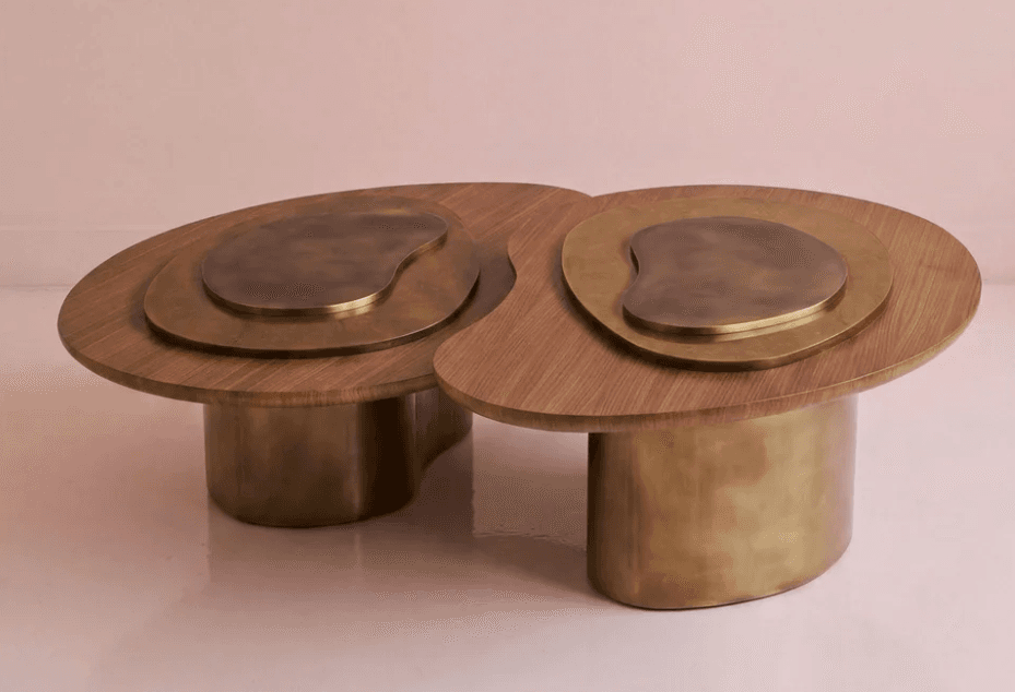 A contemporary coffee table featuring a biomorphic design with a dark wooden top and antique brass-toned metal elements. The tabletop consists of two conjoined organic shapes, each with nested brass-toned inlays. The table is supported by two substantial, organically shaped brass-toned cylindrical bases. — 3D model